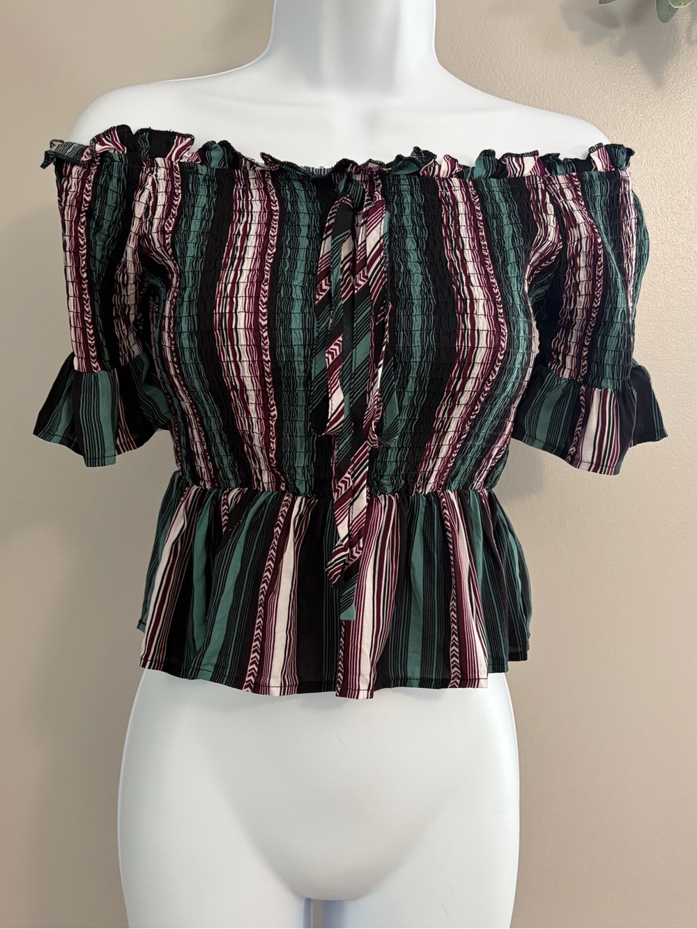 NWOT Verte- Smocked Off/ On Shoulder Striped Peplum Crop Top